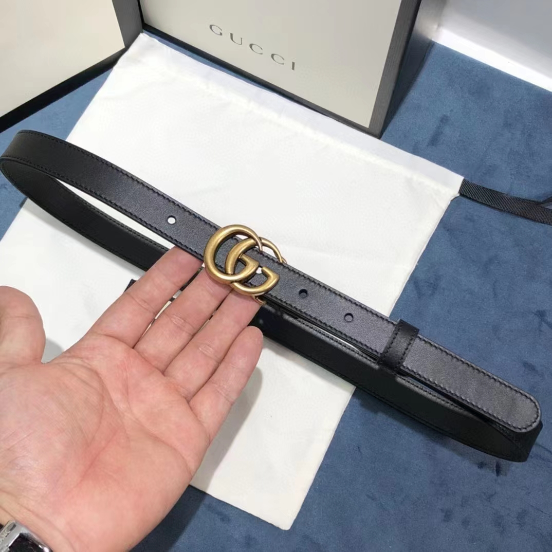 Gucci Unisex GG Leather Belt Double G Buckle Black Leather 2 CM Width