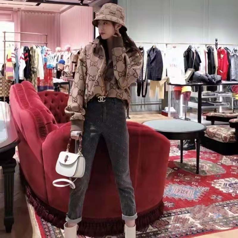 Gucci Women Jumbo GG Canvas Jacket Beige Ebony Jumbo Cotton Wool Leather