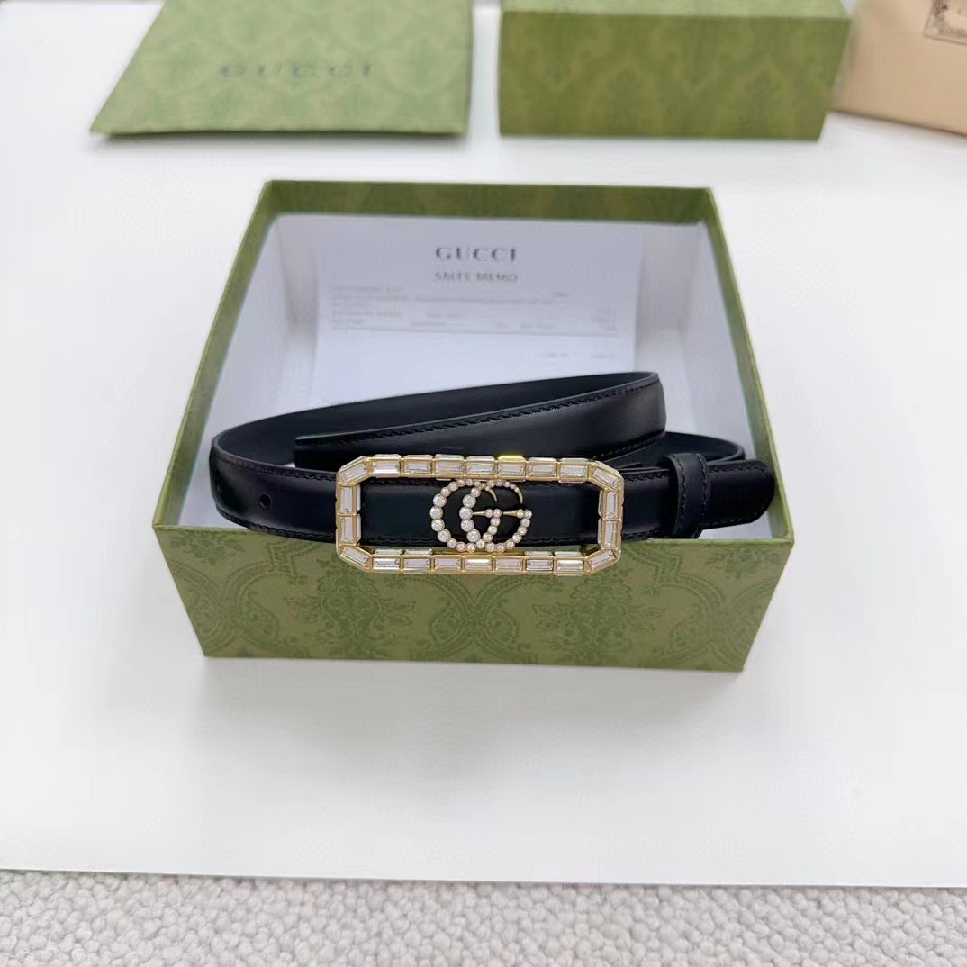 Gucci Unisex GG Thin Belt Crystal Double G Buckle Black Leather 2 CM Width