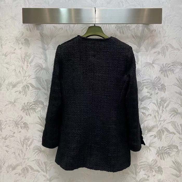 Gucci GG Women Tweed Mélange Jacket Black Self-Covered Buttons Interlocking G Lined V-Neck