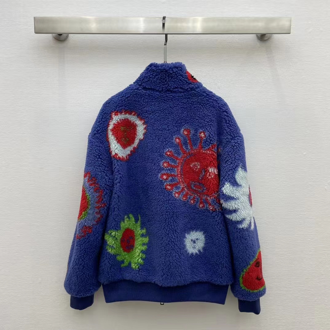 Louis Vuitton Women LV x YK Faces Zipped Fleece Blouson Polyester Blue Multicolor Regular Fit