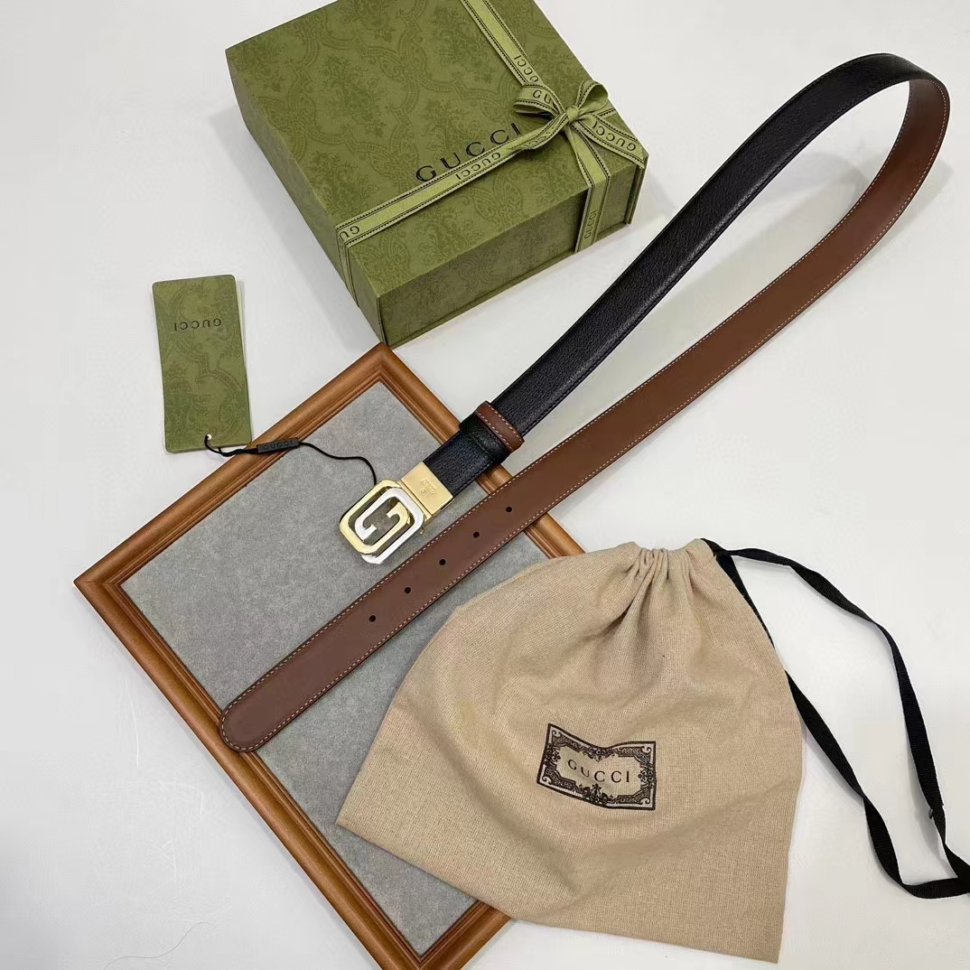 Gucci GG Unisex Belt Squared Interlocking G Buckle Black Leather 30 MM Width