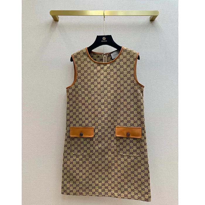 Gucci Women GG Canvas Dress Brown Beige Leather Unlined Crewneck Sleeveless