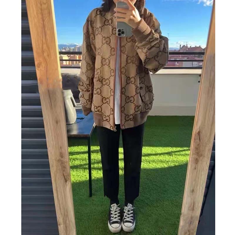 Gucci Women Jumbo GG Canvas Jacket Beige Ebony Jumbo Cotton Wool Leather