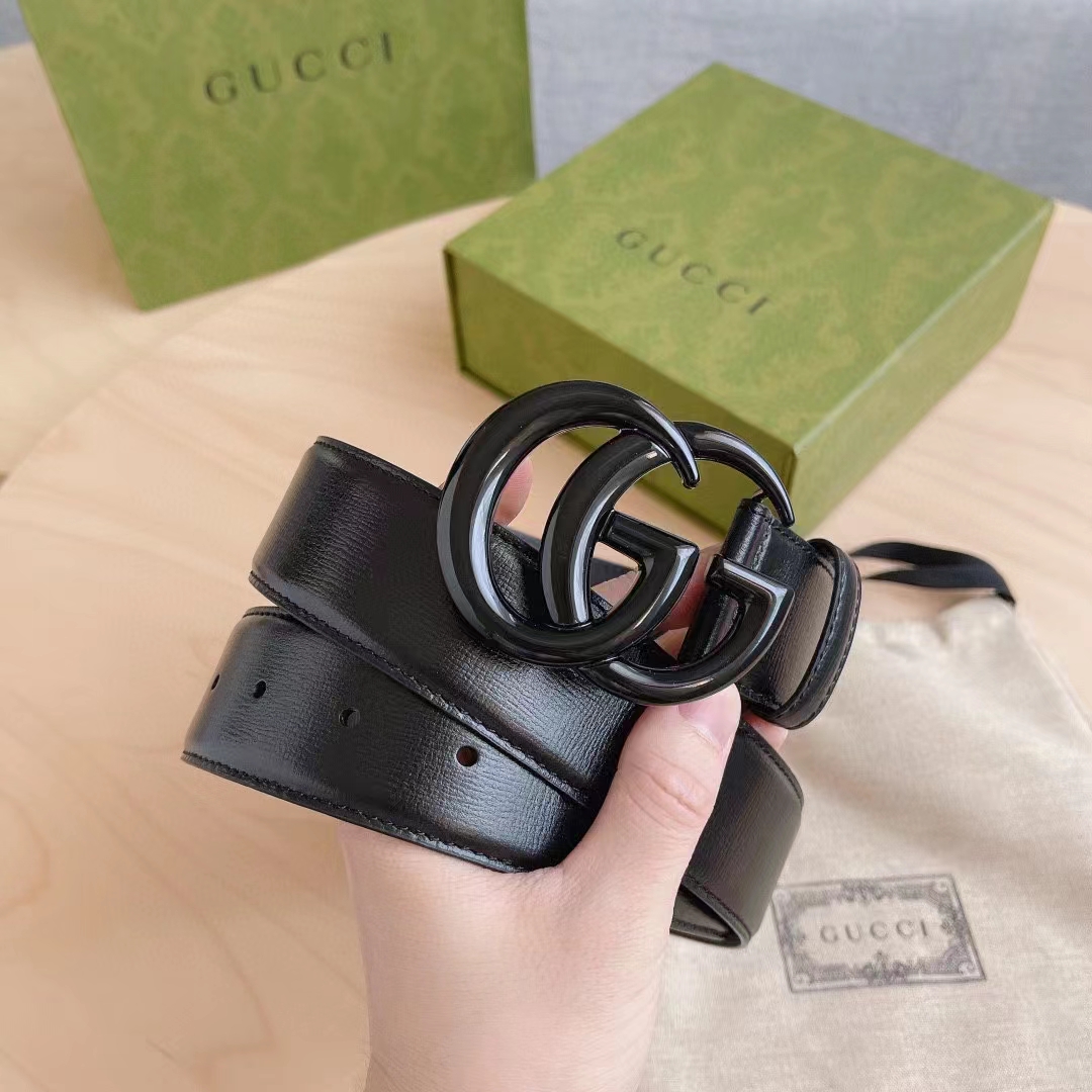 Gucci Unisex GG Marmont Wide Belt Black Leather Double G Buckle 3.8 CM Width