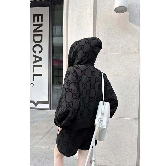 Gucci Women GG Brushed Cotton Hooded Sweatshirt Black Fixed Hood Dropped Shoulder Long Sleeves