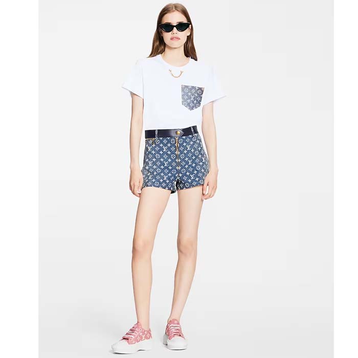 Louis Vuitton Women Monogram Pocket T-Shirt Cotton White Monogram Jacquard Denim LV Golden Chain