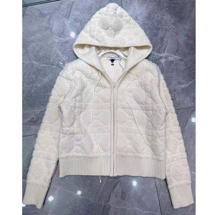 Dior Women CD Macrocannage Zipped Cardigan Technical Wool Cashmere White Knit