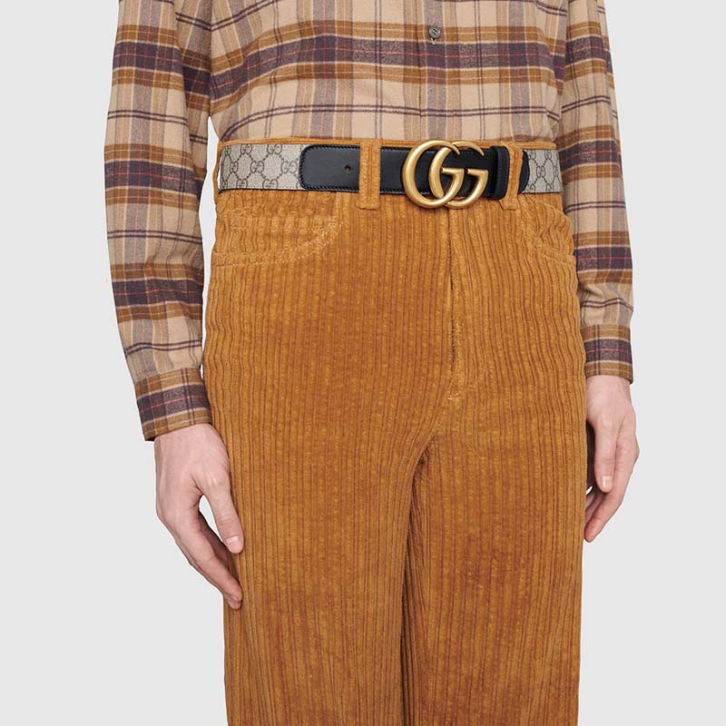 Gucci Unisex GG Belt with Double G Buckle Beige/Ebony GG Supreme Black Leather