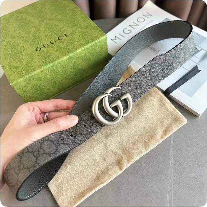 Gucci GG Unisex Marmont Reversible Belt Grey Black Supreme Canvas 3.8 CM Width