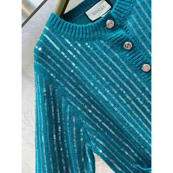 Gucci Women GG Mohair Silk Cardigan Teal Blend Sequin Embroidery Crewneck Long Sleeves