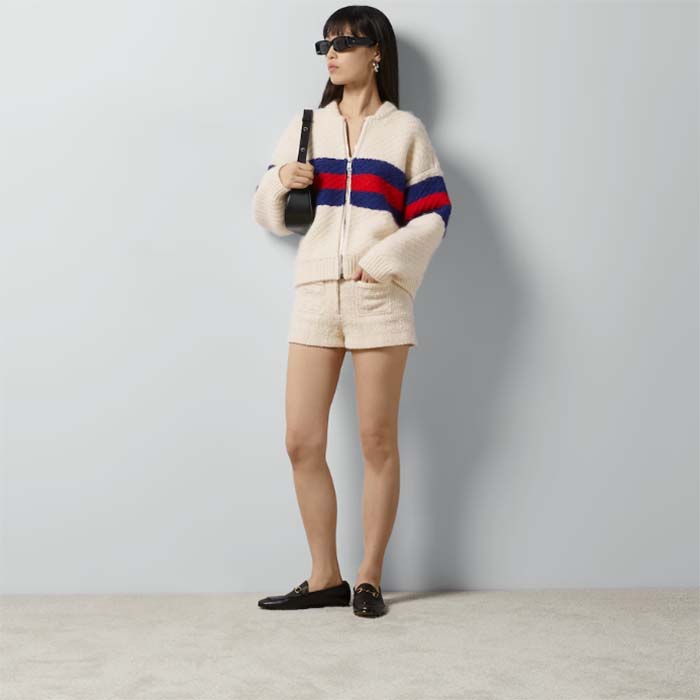 Gucci Women GG Wool Mohair Cardigan Web Knitted Collar Dropped Shoulder Long Sleeves