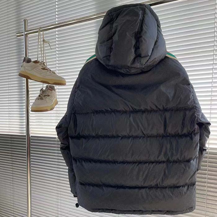 Gucci Women GG Nylon Jacquard Jacket Web Black Stripe Lined Fixed Hood Rib Cuffs