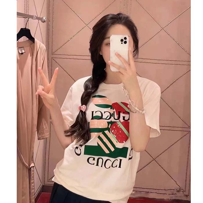 Gucci Women GG Cotton Jersey Printed T-Shirt Off White Cherry Sequin Embroidery