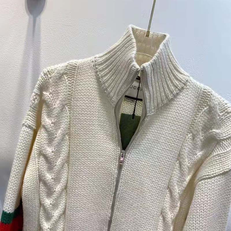 Gucci Women GG Cable Knit Bomber Jacket Off-White Cable Knit Wool