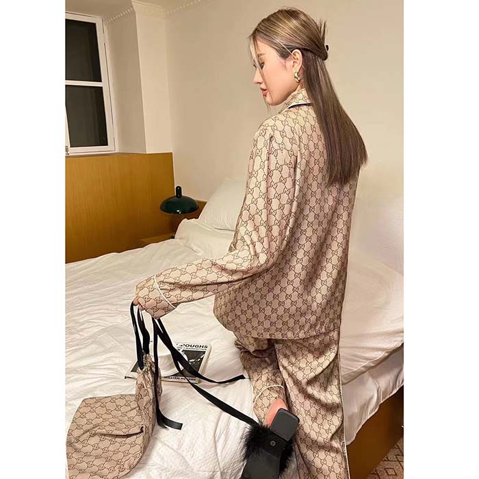 Gucci Women GG Supreme Silk Pant Beige Ebony Piped Unlined Elastic Waist Two Side Pockets Wide Leg