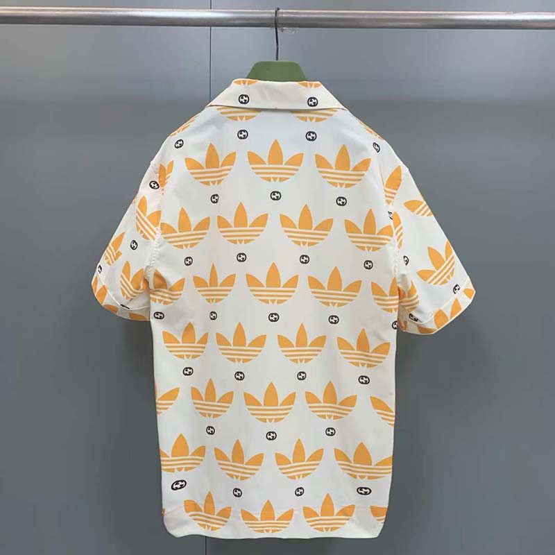 Gucci GG Women Adidas x Gucci Trefoil Print Bowling Shirt Yellow Fully Lined Viscose