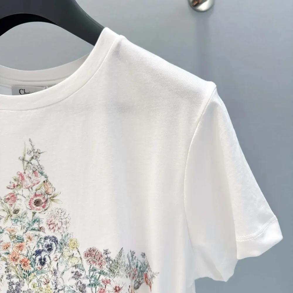 Dior Men T-Shirt White Cotton and Linen Jersey with Multicolor Dior Star Motif