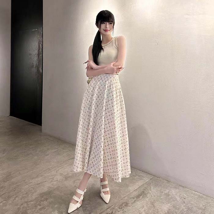 Louis Vuitton Women LV Monogram Midi Skirt Silk Beige 1AFOJN