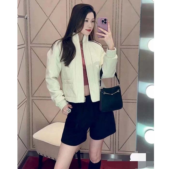 Gucci Women GG Canvas Bomber Jacket Cream Self-Covered Buttons Interlocking G Lined High Neck