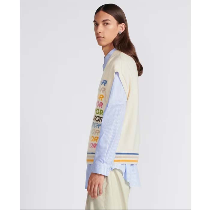 Dior Men CD Sleeveless Sweater Beige Wool Cashmere Intarsia V-Neckline Striped Hem