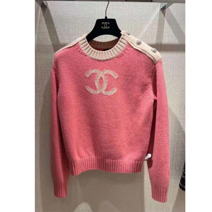 Chanel Women CC Pullover Wool Mixed Fibers Cashmere Sweater Pink White