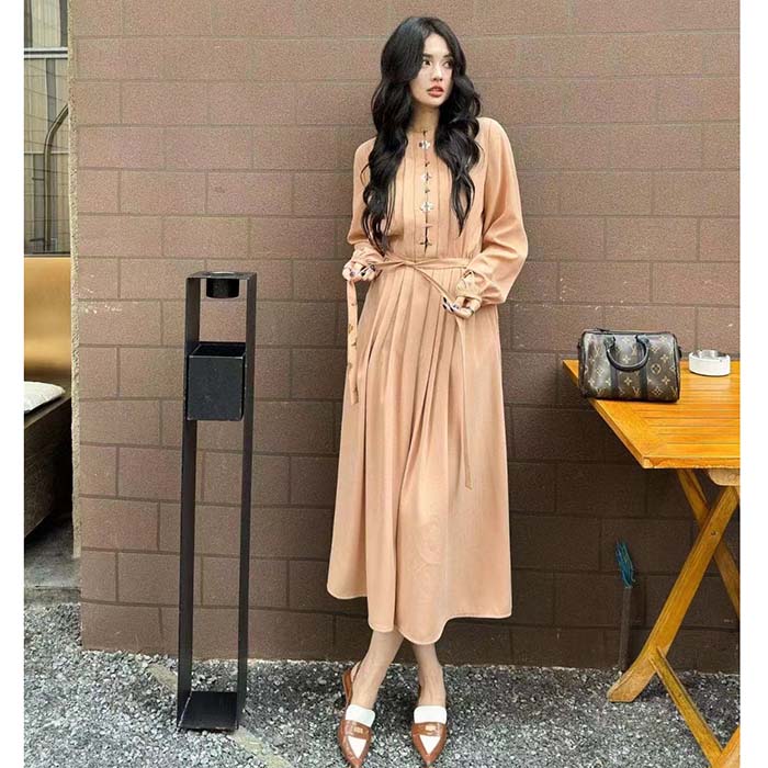 Louis Vuitton LV Women Monogram Accent Pleat Dress Silk Beige 1AFEVC