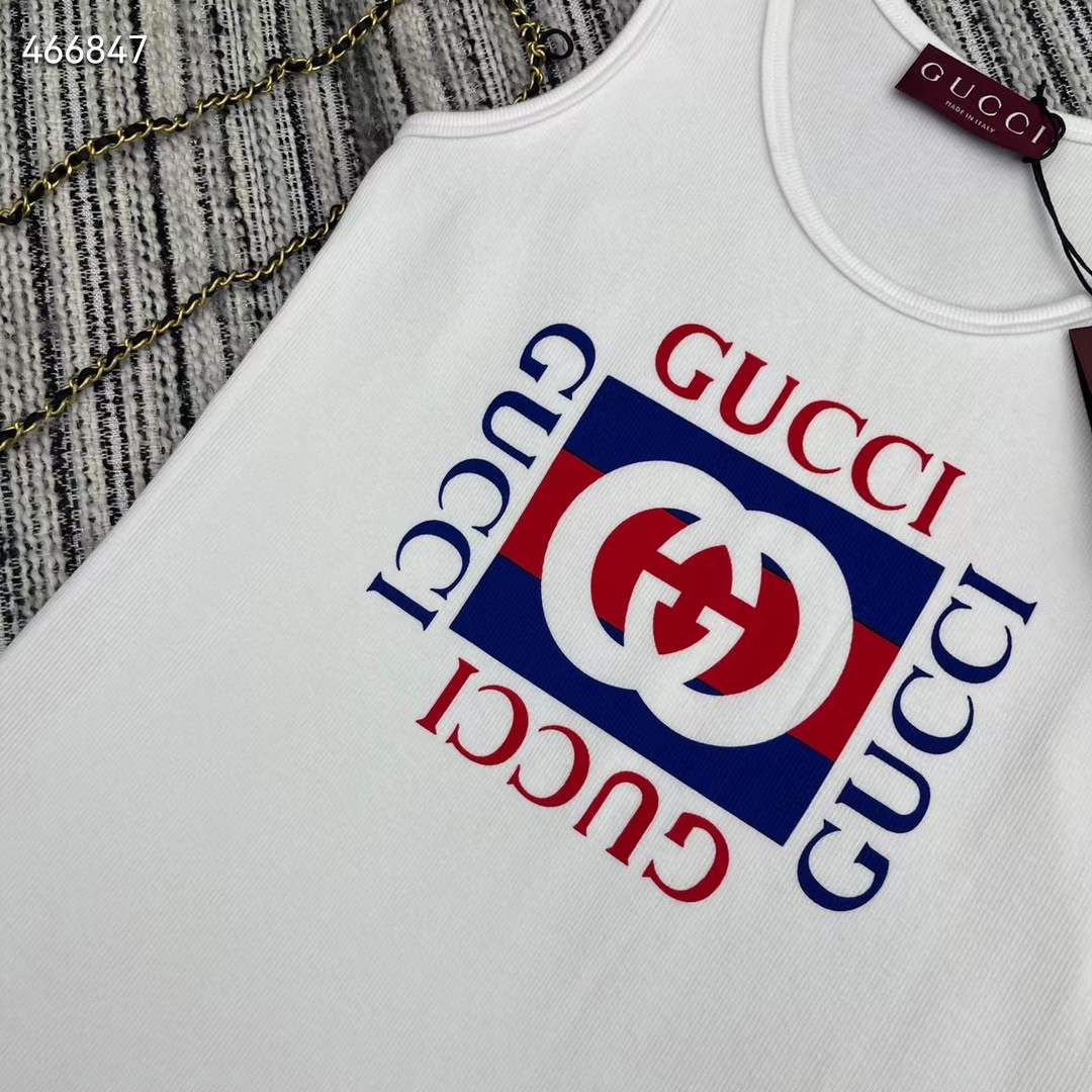 Gucci Women GG Rib Cotton Tank Top Gucci Print White Scoop Neck Sleeveless