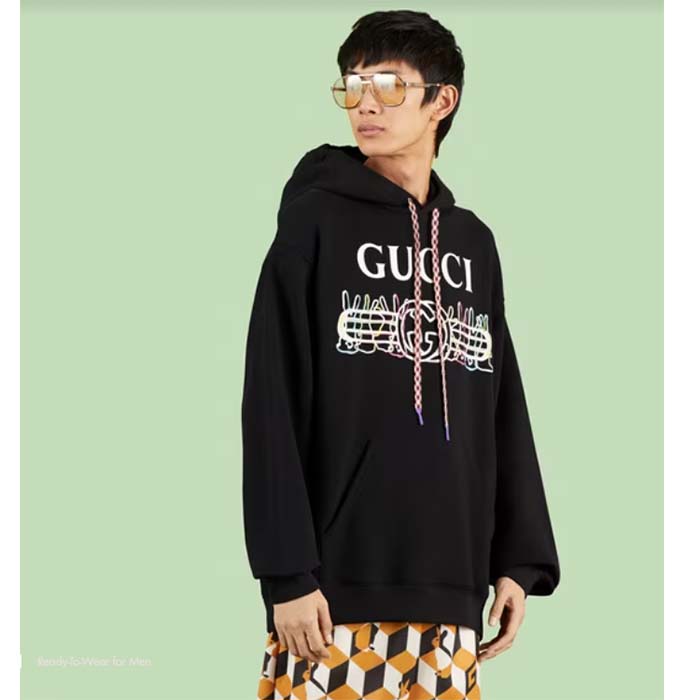 Gucci Men GG Cotton Jersey Sweatshirt Black Felted Long Sleeves Kangaroo Front Pocket
