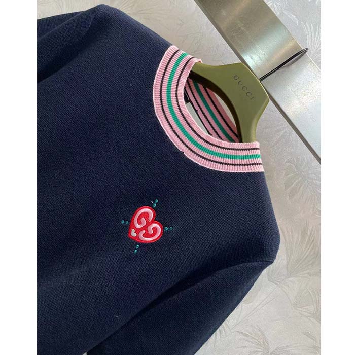 Gucci Women Fine Knit Sweater Embroidery GG Heart Round Neck
