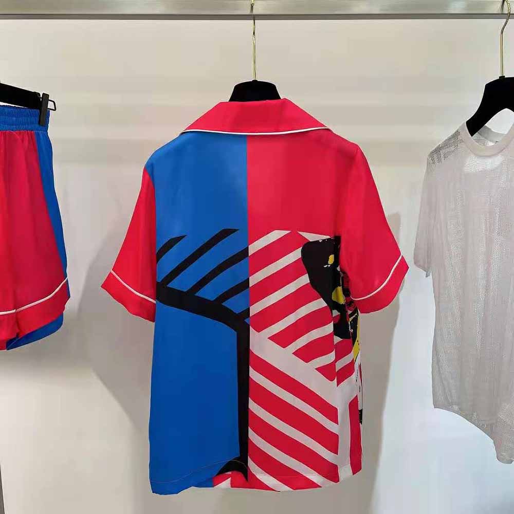 Dior Women Chez Moi Short-Sleeved Shirt Bright Pink and Fluorescent Blue D-Jungle Pop Silk Twill