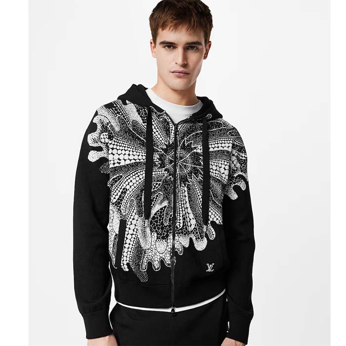 Louis Vuitton Men LV x YK Psychedelic Flower Zipped Hoodie Wool Polyamide Black White Regular Fit