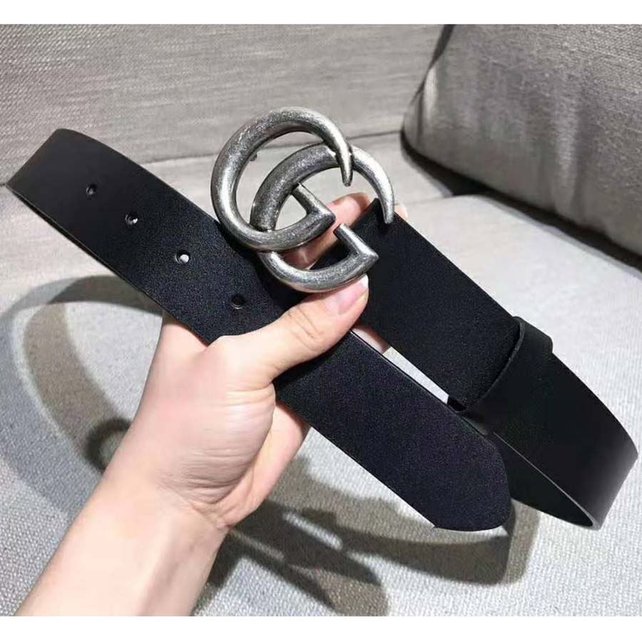 Gucci Unisex Leather Belt with Double G Buckle in 2.5cm Width-Black and Silver