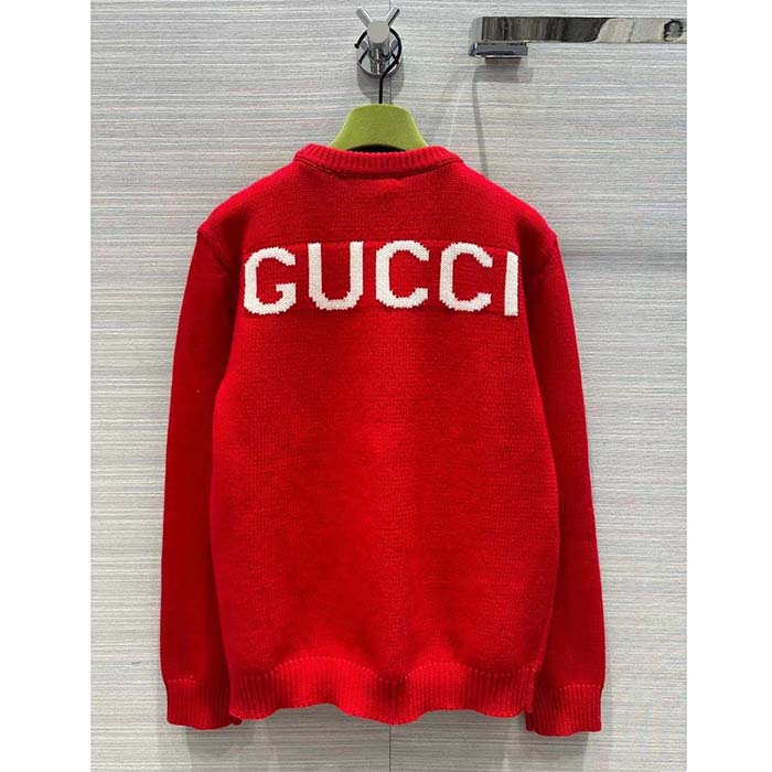 Gucci Women GG Red Wool Top Gucci Intarsia Crewneck Dropped Shoulder Long Sleeves