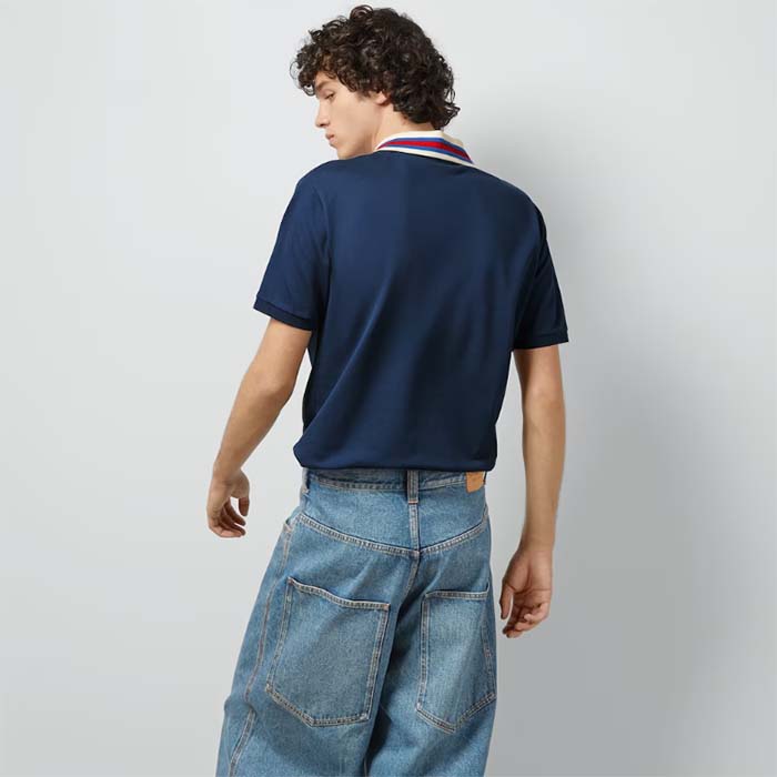 Gucci Men Cotton Piquet Polo Square GG Blue Collar Short Sleeves
