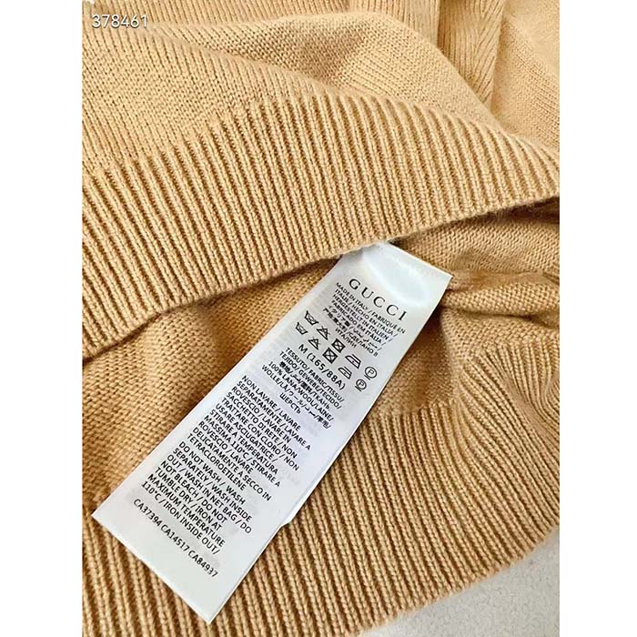 Gucci Women GG Wool Top Gucci Intarsia Camel Wool Crewneck Dropped Shoulder Long Sleeves Rib
