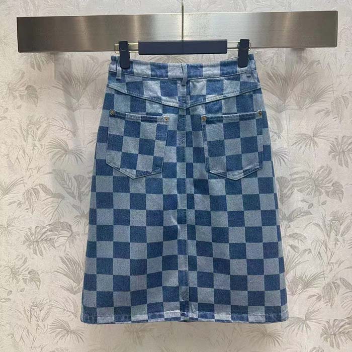 Louis Vuitton Women LV Damier Denim Skirt Cotton Blue Regular Fit 1AFGP2