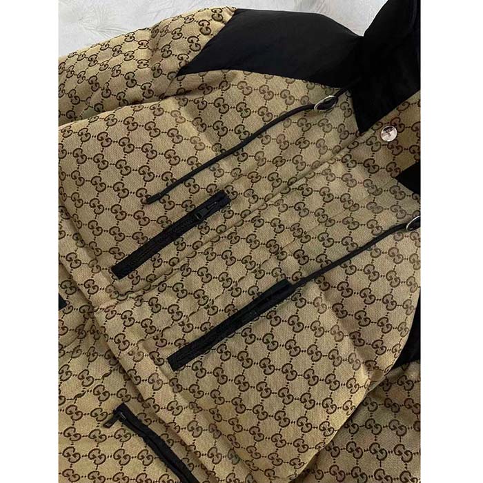 Gucci Women GG Canvas Bomber Jacket Camel Ebony Black Trim Lined Dropped Shoulder Padded
