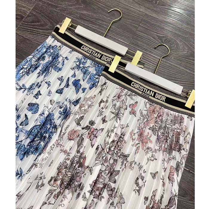 Dior Women CD Mid-Length Pleated Skirt Ecru Cotton Denim Multicolor Toile De Jouy Mexico