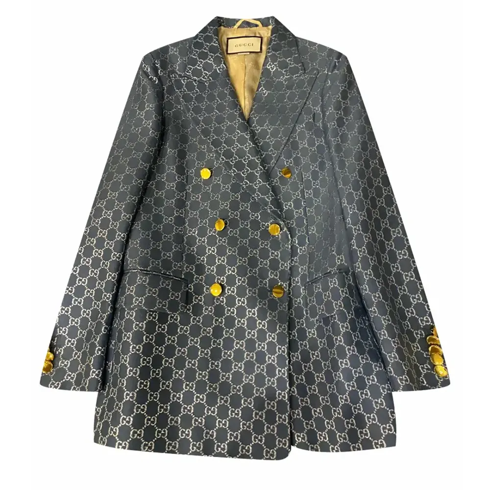 Gucci Men Double Breasted Wool Jacket with GG Shadow-Navy