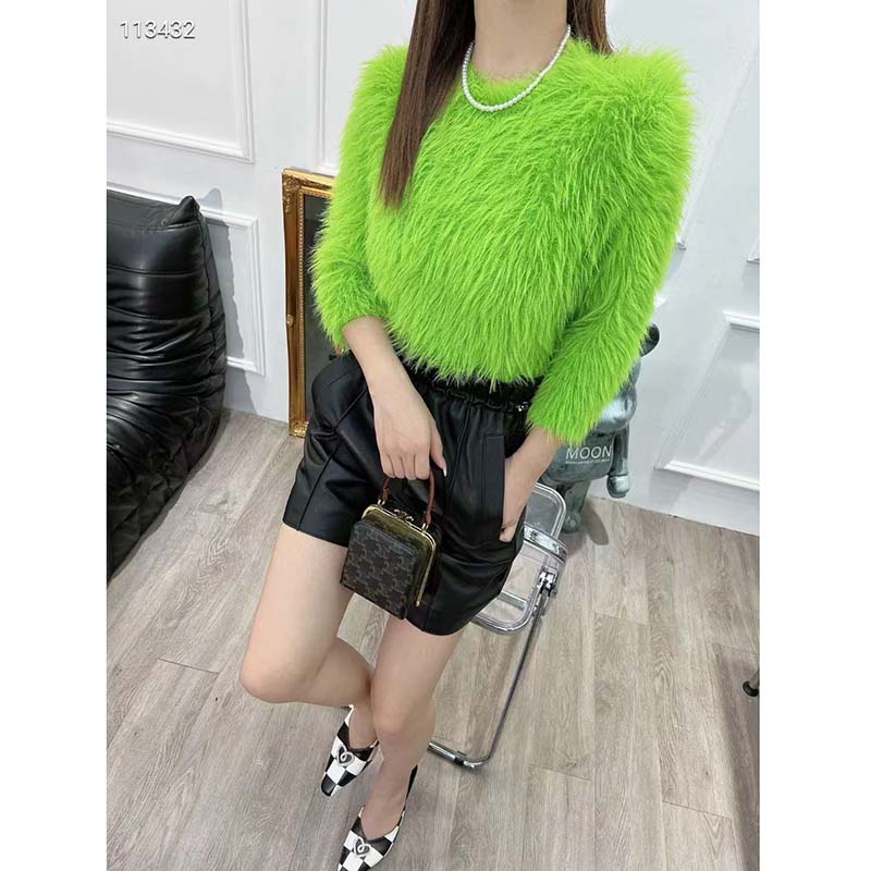 Gucci Women GG Brushed Wool Knit Sweater Bright Green Long Sleeves Crewneck