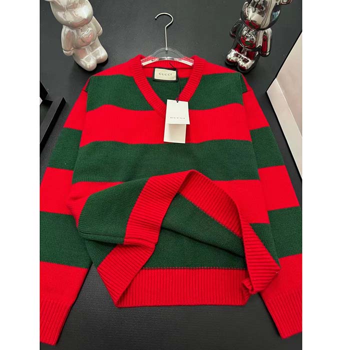 Gucci Women GG Felted Wool Striped Sweater V-Neck Dropped Shoulder Long Sleeves