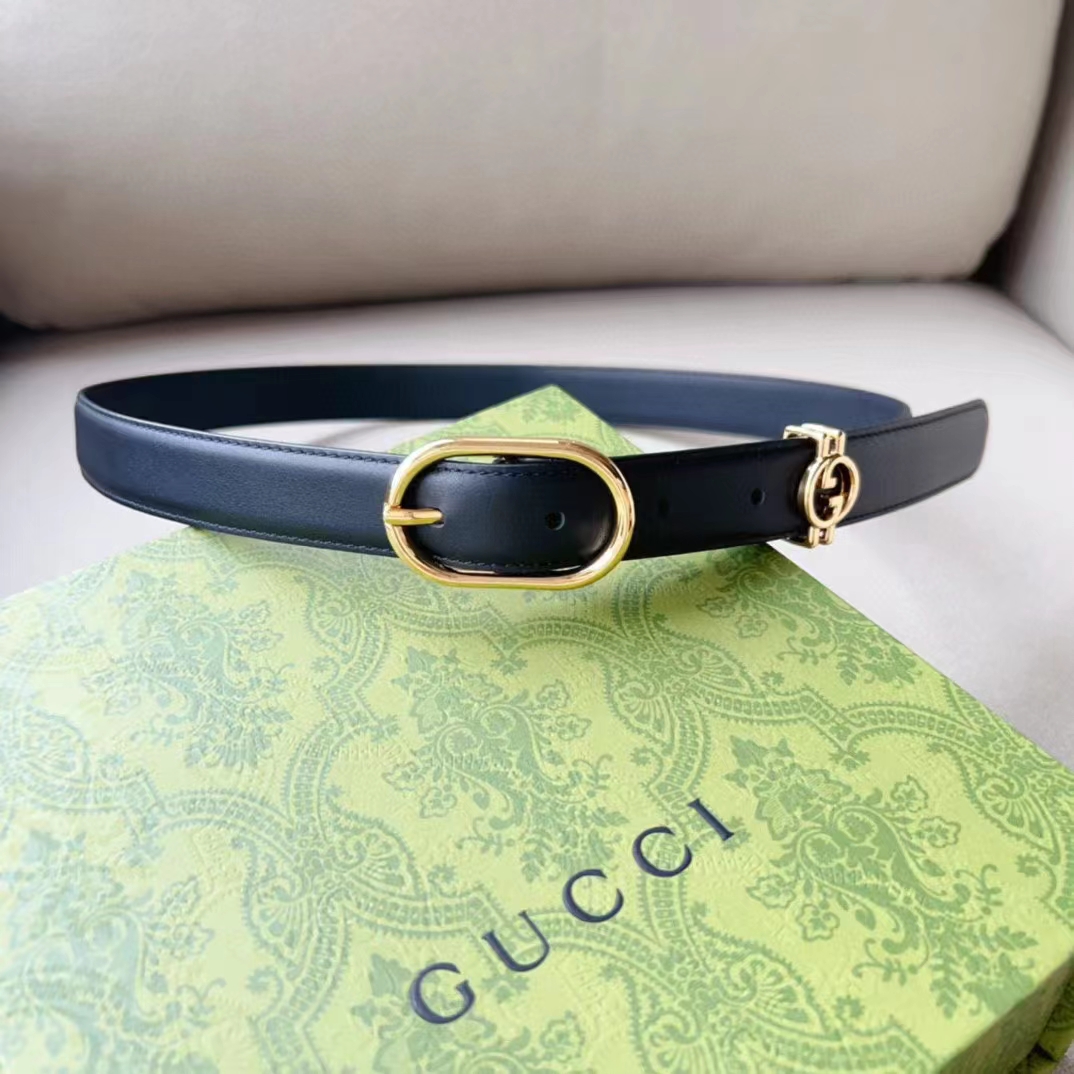 Gucci Unisex GG Belt Round Interlocking G Black Leather Oval Buckle 2.3 CM Width