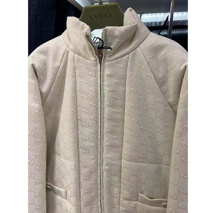 Gucci Women GG Canvas Bomber Jacket Cream Self-Covered Buttons Interlocking G Lined High Neck