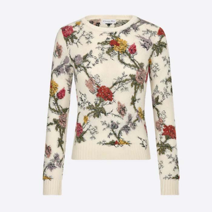 Dior Men CD Sweater Ecru Cashmere Knit Multicolor Dior Jardin Botanique Motif