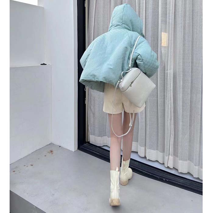 Gucci Women GG Canvas Hooded Bomber Jacket Pale Blue Two Side Pockets Padded Drawstring Hem