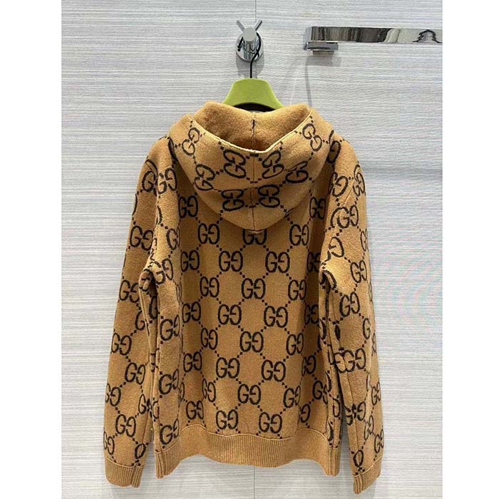 Gucci Women GG Wool Hooded Sweatshirt Camel Ebony Fixed Hood Kangaroo Pocket Rib