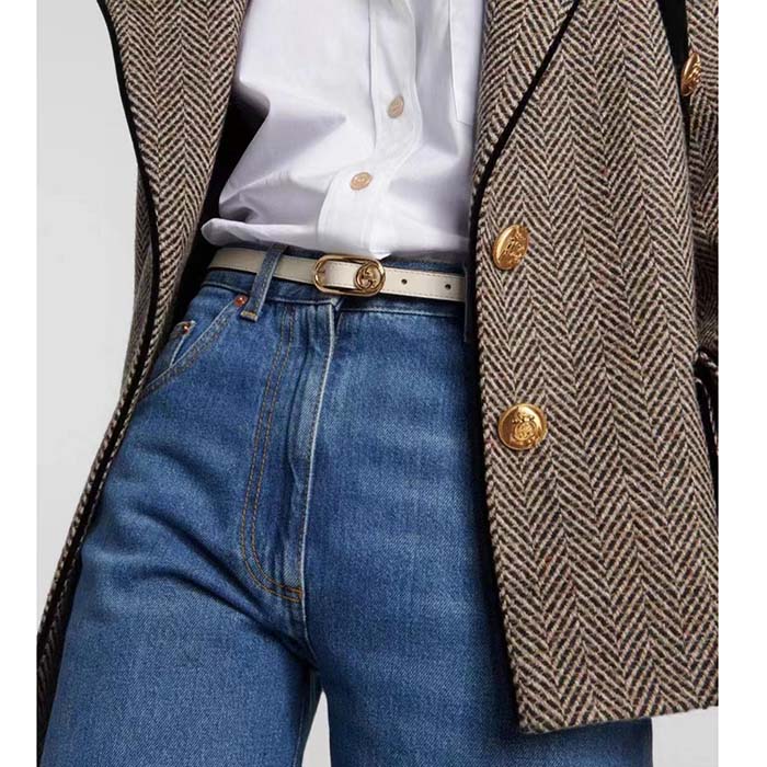 Gucci GG Unisex Thin Belt Mini Round Interlocking G White Leather 1.5 CM Width