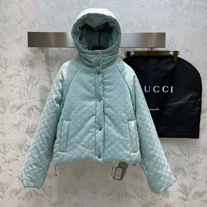 Gucci Women GG Canvas Hooded Bomber Jacket Pale Blue Two Side Pockets Padded Drawstring Hem