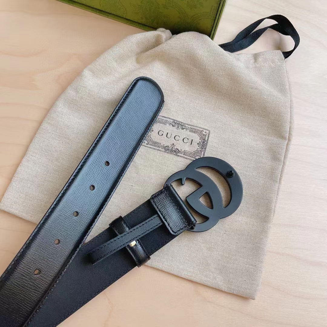 Gucci Unisex GG Marmont Wide Belt Black Leather Double G Buckle 3.8 CM Width